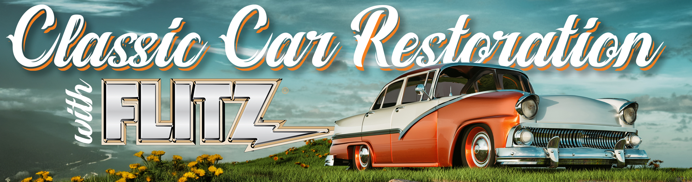 Classic car restoration with Flitz polish – restored two-tone orange and white vintage car on a grassy hillside,