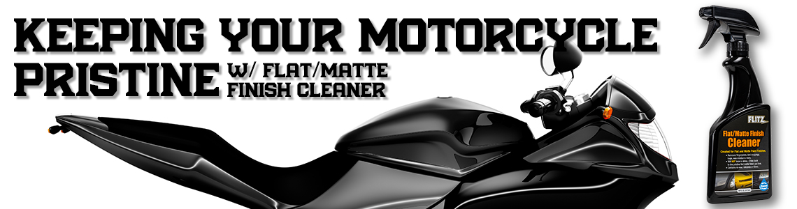 A sleek black motorcycle pictured next to the words, "keep your motorcycle pristine"
