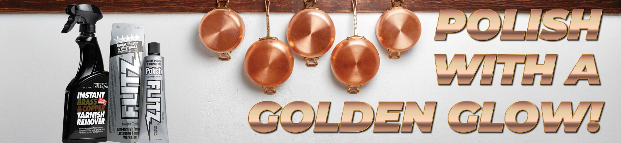 Copper pots and pans with Flitz brass and copper polishing products
