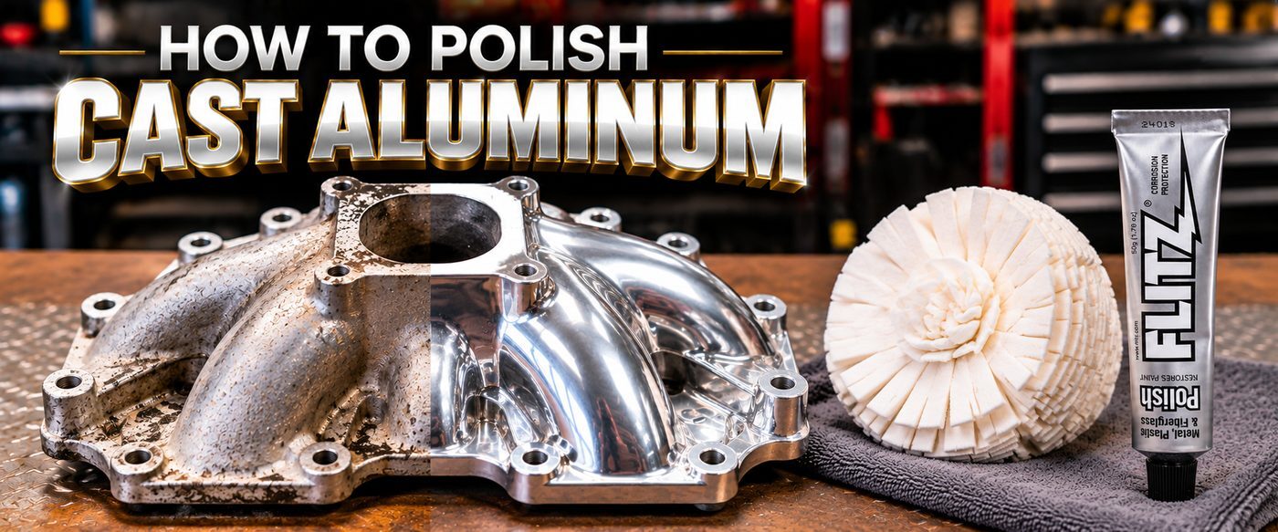 Before and after cast aluminum polishing with Flitz Polish and Buff Ball