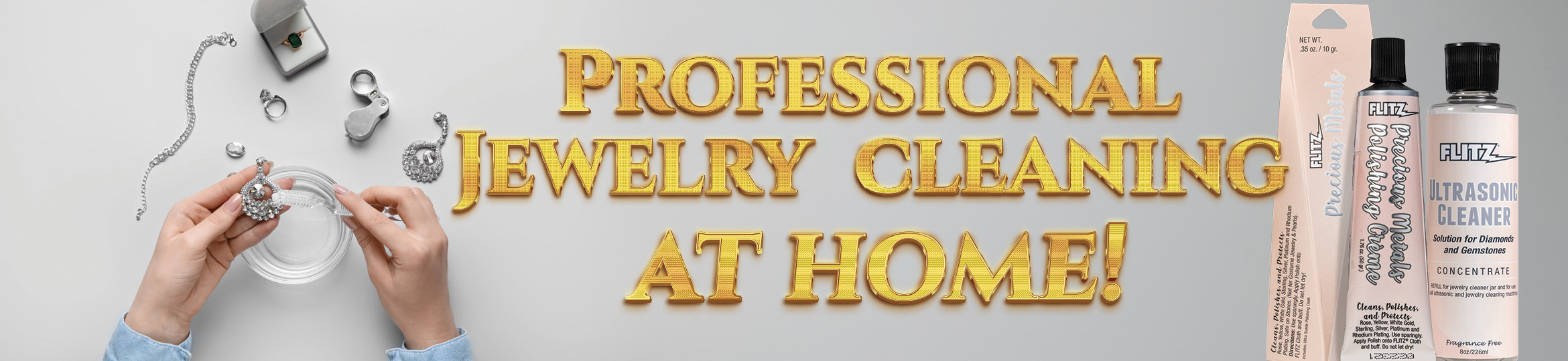 A person uses Flitz jewelry cleaning products to clean fine jewelry at home.