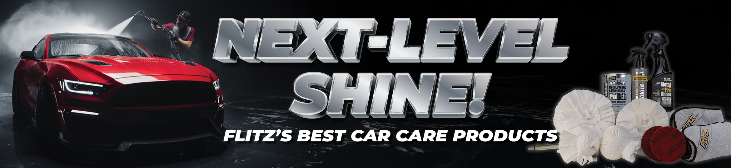 An image shows a man spraying a red sports car with a pressure washer, and Flitz most recommended car cleaning products. Text in the center of the image says "next level shine" and "Flitz best car care products"